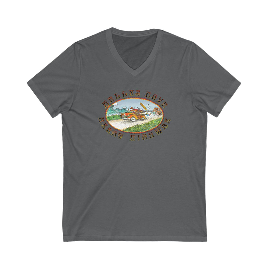 KC 2025 GREAT HIGHWAY FRONT ONLY V-NECK. Casual Summer Shirt, Retro Graphic V-Neck, Great for Road Trips, Gift for Travelers, Relaxed Fit Tee
